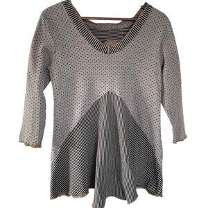 Noblu Tunic Top Small S Gray Black Mix Print Polka Dot Striped Art to Wear Shirt